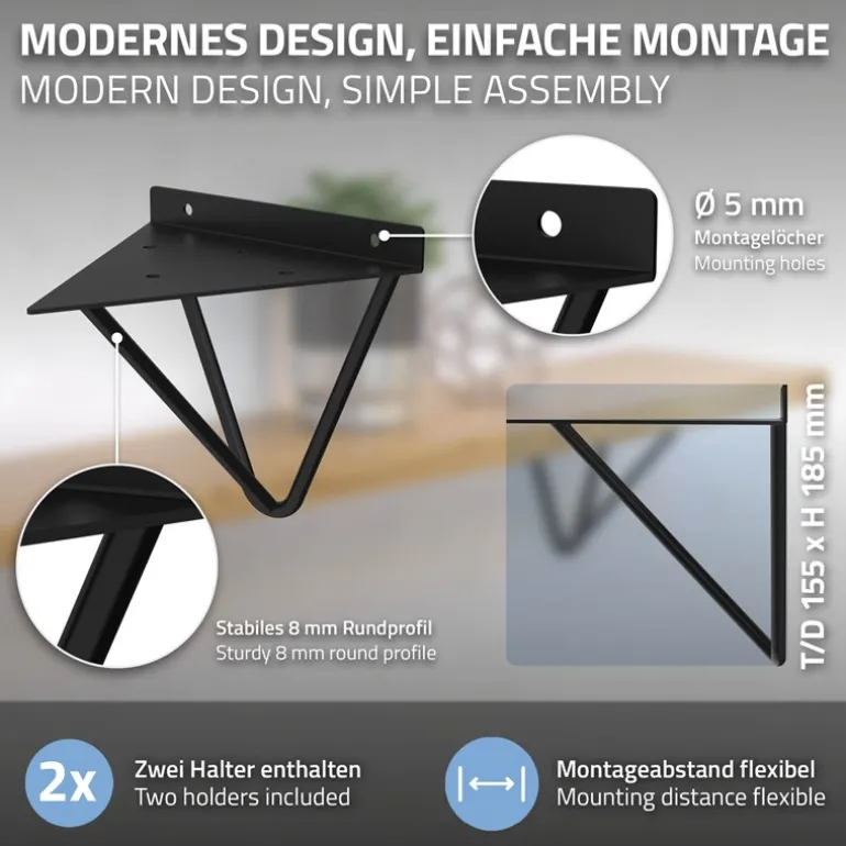 Wandkonsole Regalhalterung 2er Set 160 x 155 x 170 mm Schwarz aus Stahl ML-Design