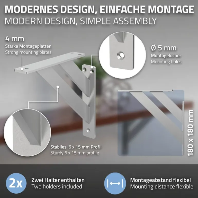 Wandkonsole Regalhalterung 2er Set 180 x 180 mm Silber aus Aluminium ML-Design