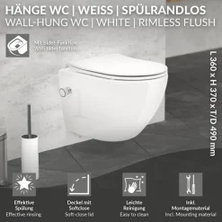 Wand-WC Hänge Toilette aus Keramik 49 cm lang Spülrandlos mit Bidet & Softclose LuxeBath