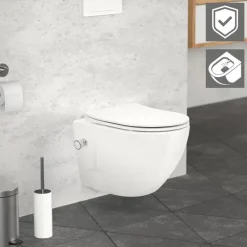 Wand-WC Hänge Toilette aus Keramik 49 cm lang Spülrandlos mit Bidet, Nanoversiegelung & Softclose Luxebath
