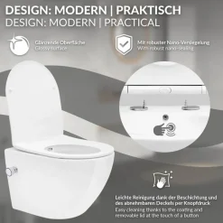 Wand-WC Hänge Toilette aus Keramik 49 cm lang Spülrandlos mit Bidet, Nanoversiegelung & Softclose Luxebath