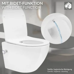Wand-WC Hänge Toilette aus Keramik 49 cm lang Spülrandlos mit Bidet, Nanoversiegelung & Softclose Luxebath