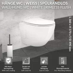 Wand-WC Hänge Toilette aus Keramik 49 cm lang Spülrandlos mit Nanoversiegelung & Softclose Luxebath