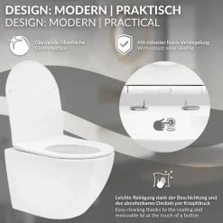 Wand-WC Hänge Toilette aus Keramik 49 cm lang Spülrandlos mit Nanoversiegelung & Softclose Luxebath