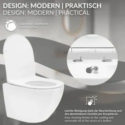 Wand-WC Hänge Toilette aus Keramik 49 cm lang Spülrandlos mit Softclose Luxebath
