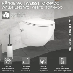 Wand-WC Hänge Toilette aus Keramik 49cm lang Spülrandlos mit Bidet & Softclose Luxebath