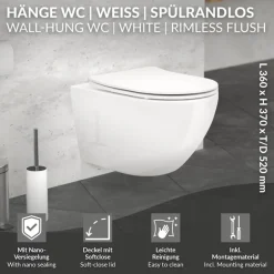 Wand-WC Hänge Toilette aus Keramik 52 cm lang Spülrandlos mit Nanoversiegelung& Softclose Luxebath