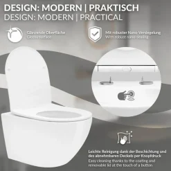 Wand-WC Hänge Toilette aus Keramik 52 cm lang Spülrandlos mit Nanoversiegelung& Softclose Luxebath