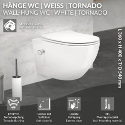 Wand-WC Hänge Toilette aus Keramik 54 cm lang Spülrandlos mit Bidet & Softclose Luxebath