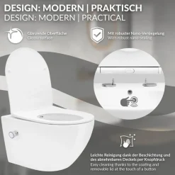 Wand-WC Hänge Toilette aus Keramik 54 cm lang Spülrandlos mit Bidet, Nanoversiegelung & Softclose Luxebath