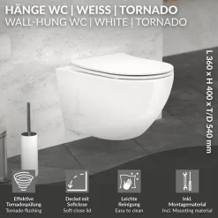Wand-WC Hänge Toilette aus Keramik 54 cm lang Spülrandlos mit Nanoversiegelung & Softclose Luxebath