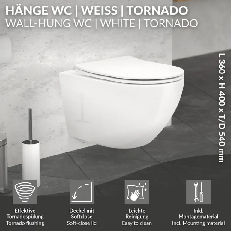 Wand-WC Hänge Toilette aus Keramik 54 cm lang Spülrandlos mit Softclose Luxebath