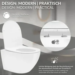 Wand-WC Hänge Toilette aus Keramik 54 cm lang Spülrandlos mit Softclose Luxebath