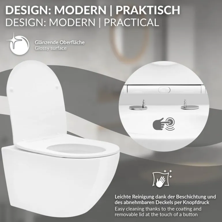 Wand-WC Hänge Toilette aus Keramik 54 cm lang Spülrandlos mit Softclose Luxebath