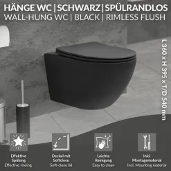 Wand-WC Hänge Toilette aus Keramik in Schwarz matt 54cm lang Spülrandlos mit Softclose LuxeBath