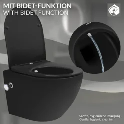 Wand-WC Hänge Toilette aus Keramik Matt Schwarz 49 cm lang Spülrandlos mit Bidet & Softclose Luxebath