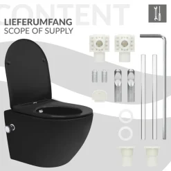 Wand-WC Hänge Toilette aus Keramik Matt Schwarz 49 cm lang Spülrandlos mit Bidet & Softclose Luxebath
