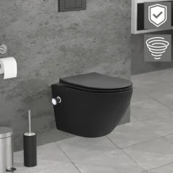 Wand-WC Hänge Toilette aus Keramik Matt Schwarz 49 cm lang Spülrandlos mit Bidet, Nanoversiegelung & Softclose Luxebath
