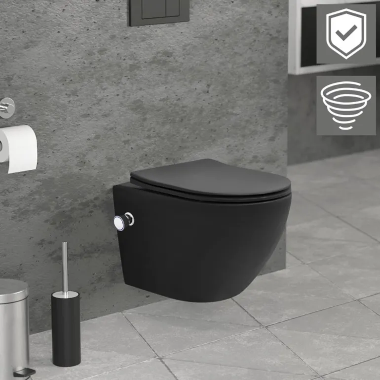 Wand-WC Hänge Toilette aus Keramik Matt Schwarz 49 cm lang Spülrandlos mit Bidet, Nanoversiegelung & Softclose Luxebath