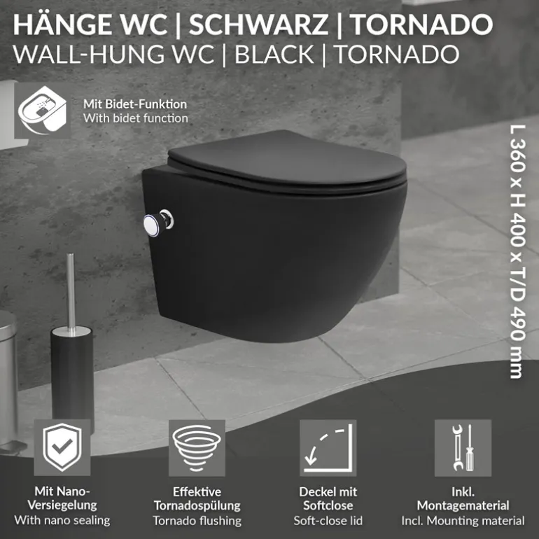 Wand-WC Hänge Toilette aus Keramik Matt Schwarz 49 cm lang Spülrandlos mit Bidet, Nanoversiegelung & Softclose Luxebath