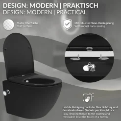 Wand-WC Hänge Toilette aus Keramik Matt Schwarz 49 cm lang Spülrandlos mit Bidet, Nanoversiegelung & Softclose Luxebath