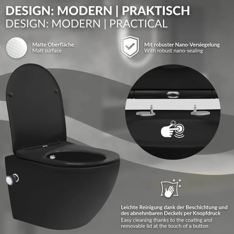 Wand-WC Hänge Toilette aus Keramik Matt Schwarz 49 cm lang Spülrandlos mit Bidet, Nanoversiegelung & Softclose Luxebath