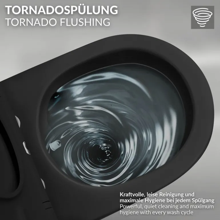 Wand-WC Hänge Toilette aus Keramik Matt Schwarz 49 cm lang Spülrandlos mit Bidet, Nanoversiegelung & Softclose Luxebath