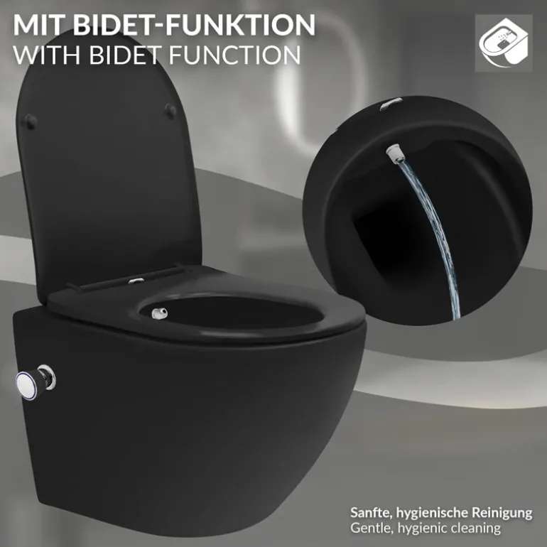 Wand-WC Hänge Toilette aus Keramik Matt Schwarz 49 cm lang Spülrandlos mit Bidet, Nanoversiegelung & Softclose Luxebath