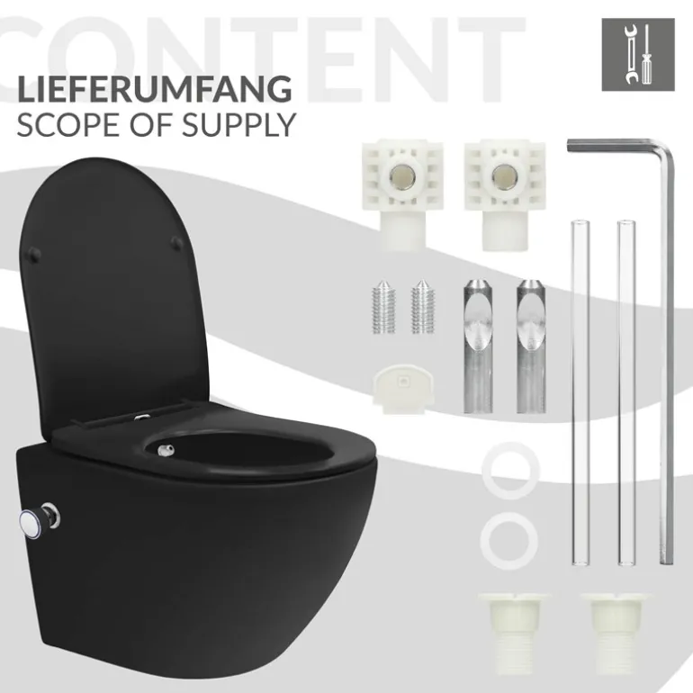 Wand-WC Hänge Toilette aus Keramik Matt Schwarz 49 cm lang Spülrandlos mit Bidet, Nanoversiegelung & Softclose Luxebath