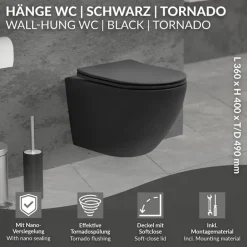 Wand-WC Hänge Toilette aus Keramik Matt Schwarz 49 cm lang Spülrandlos mit Nanoversiegelung & Softclose Luxebath