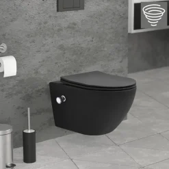 Wand-WC Hänge Toilette aus Keramik Matt Schwarz 54 cm lang Spülrandlos mit Bidet & Softclose Luxebath