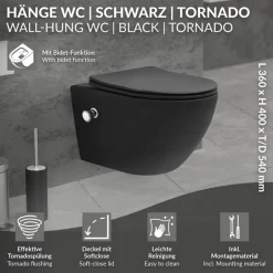 Wand-WC Hänge Toilette aus Keramik Matt Schwarz 54 cm lang Spülrandlos mit Bidet & Softclose Luxebath