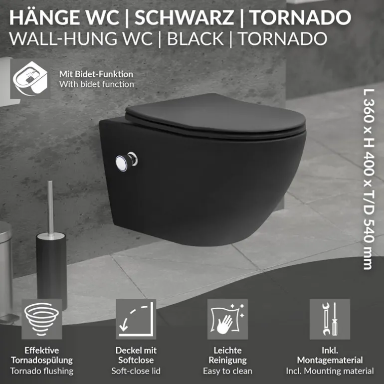 Wand-WC Hänge Toilette aus Keramik Matt Schwarz 54 cm lang Spülrandlos mit Bidet & Softclose Luxebath