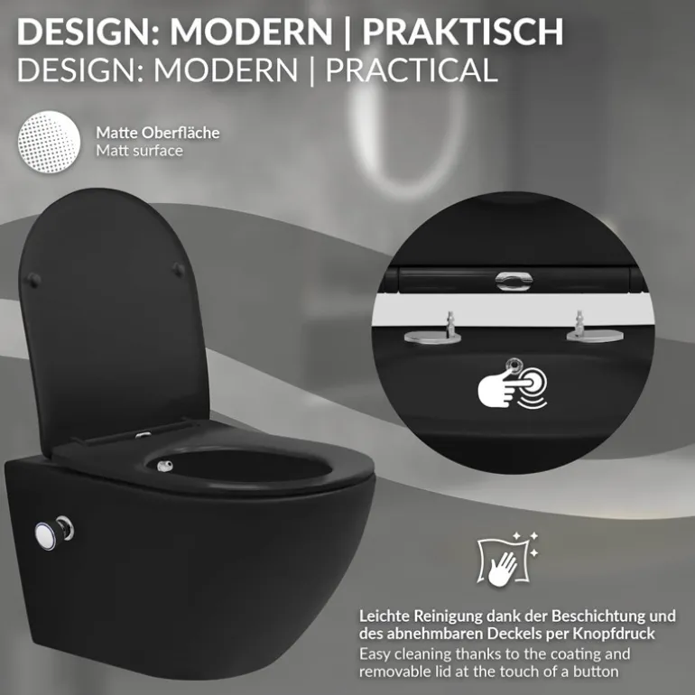 Wand-WC Hänge Toilette aus Keramik Matt Schwarz 54 cm lang Spülrandlos mit Bidet & Softclose Luxebath
