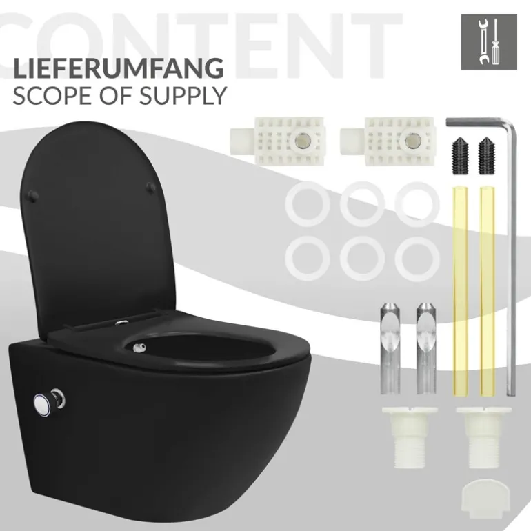 Wand-WC Hänge Toilette aus Keramik Matt Schwarz 54 cm lang Spülrandlos mit Bidet & Softclose Luxebath