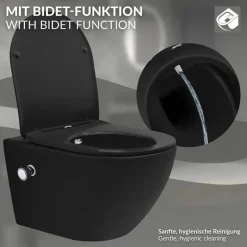 Wand-WC Hänge Toilette aus Keramik Matt Schwarz 54 cm lang Spülrandlos mit Bidet, Nanoversiegelung & Softclose Luxebath