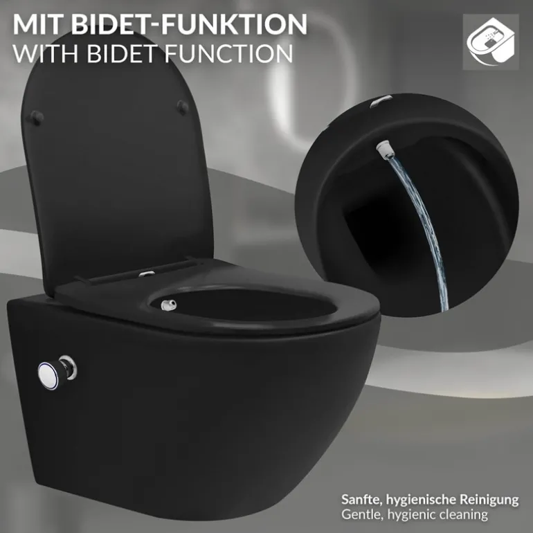 Wand-WC Hänge Toilette aus Keramik Matt Schwarz 54 cm lang Spülrandlos mit Bidet, Nanoversiegelung & Softclose Luxebath