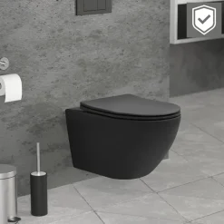 Wand-WC Hänge Toilette aus Keramik Matt Schwarz 54 cm lang Spülrandlos mit Nanoversiegelung & Softclose Luxebath