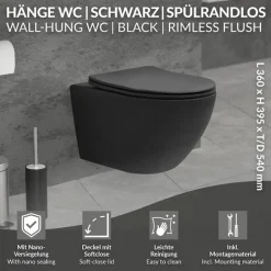 Wand-WC Hänge Toilette aus Keramik Matt Schwarz 54 cm lang Spülrandlos mit Nanoversiegelung & Softclose Luxebath
