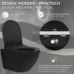 Wand-WC Hänge Toilette aus Keramik Matt Schwarz 54 cm lang Spülrandlos mit Nanoversiegelung & Softclose Luxebath