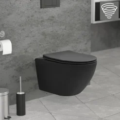 Wand-WC Hänge Toilette aus Keramik Matt Schwarz 54 cm lang Spülrandlos mit Softclose Luxebath