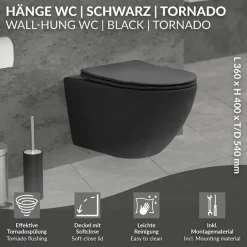 Wand-WC Hänge Toilette aus Keramik Matt Schwarz 54 cm lang Spülrandlos mit Softclose Luxebath