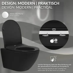 Wand-WC Hänge Toilette aus Keramik Matt Schwarz 54 cm lang Spülrandlos mit Softclose Luxebath