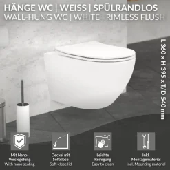 Wand-WC Hänge Toilette aus Keramik Matt Weiß 54 cm lang Spülrandlos mit Nanoversiegelung & Softclose Luxebath