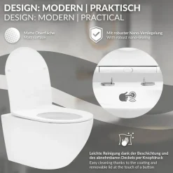 Wand-WC Hänge Toilette aus Keramik Matt Weiß 54 cm lang Spülrandlos mit Nanoversiegelung & Softclose Luxebath