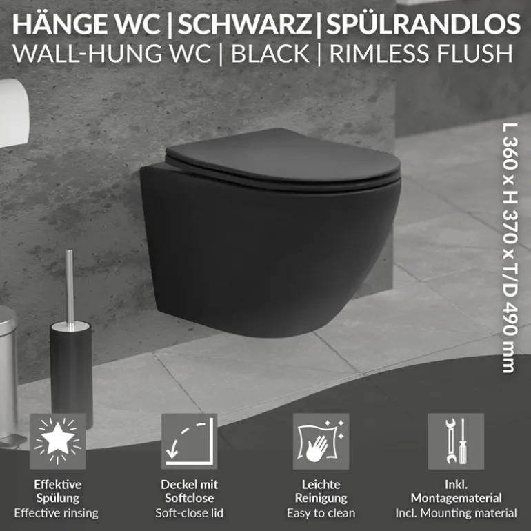 Wand-WC Hänge Toilette aus Keramik Schwarz matt 49cm lang Spülrandlos mit Nanoversiegelung & Softclose LuxeBath
