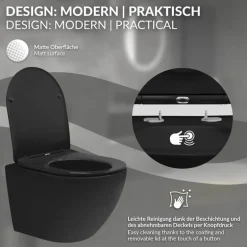 Wand-WC Hänge Toilette aus Keramik Schwarz matt 49cm lang Spülrandlos mit Nanoversiegelung & Softclose LuxeBath