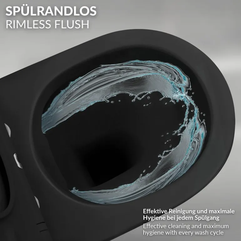 Wand-WC Hänge Toilette aus Keramik Schwarz matt 49cm lang Spülrandlos mit Nanoversiegelung & Softclose LuxeBath