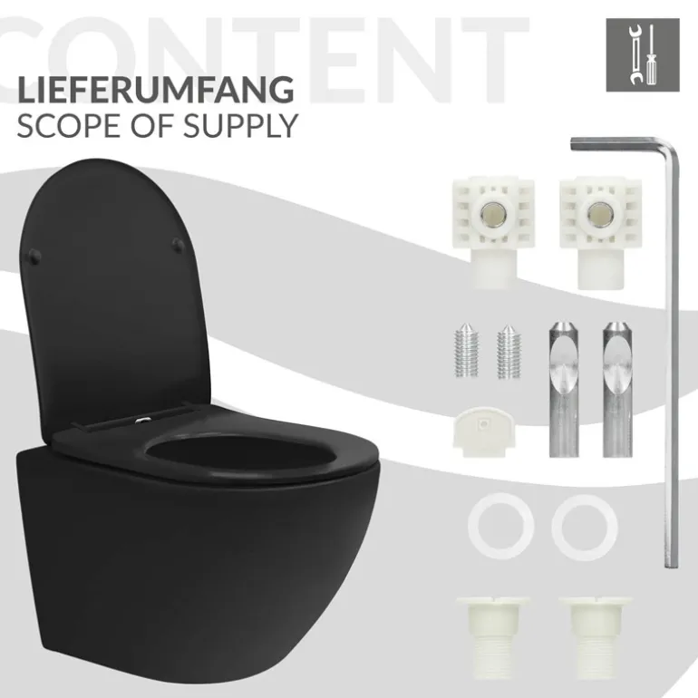Wand-WC Hänge Toilette aus Keramik Schwarz matt 49cm lang Spülrandlos mit Nanoversiegelung & Softclose LuxeBath