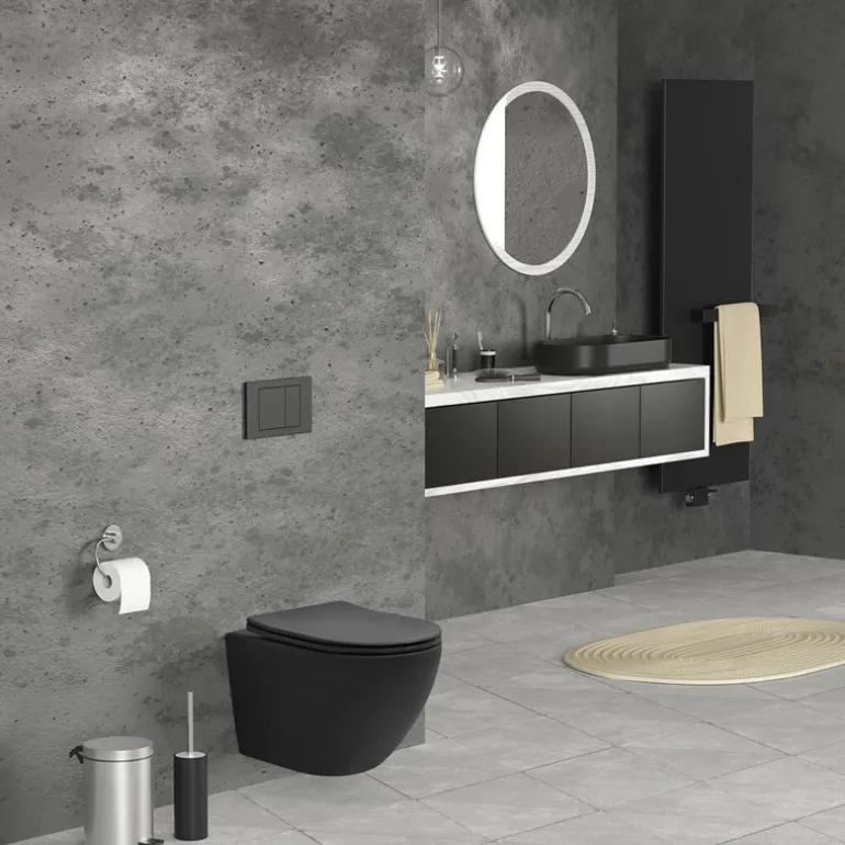 Wand-WC Hänge Toilette aus Keramik Schwarz matt 49cm lang Spülrandlos mit Nanoversiegelung & Softclose LuxeBath